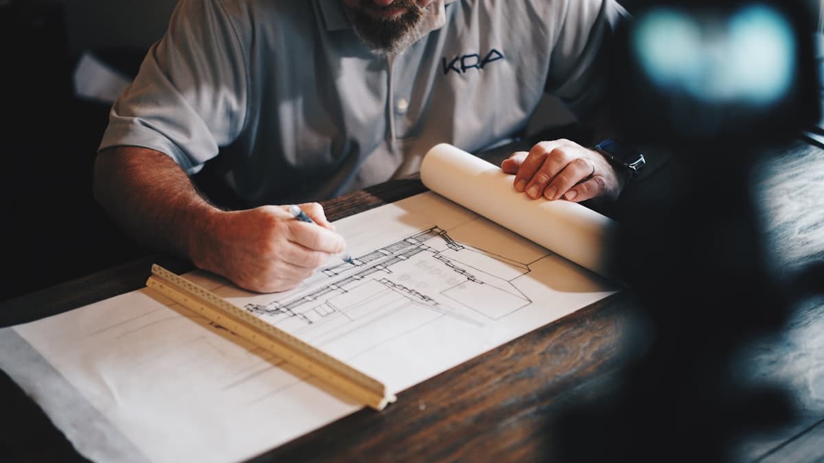 Construction professionals reviewing plans on a modern development site
